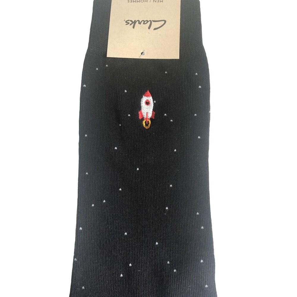 Clarks Mens Socks Spaceship Space Embroidered Black Dress Casual Novelty Cotton